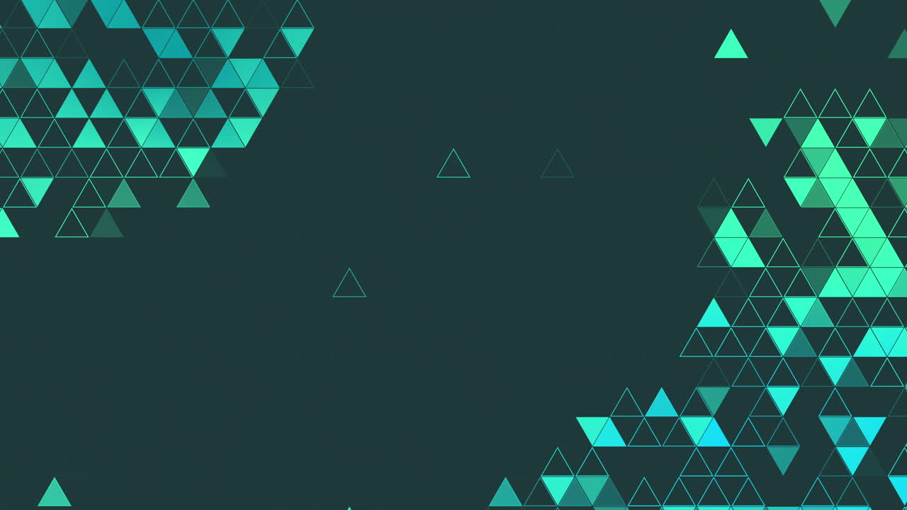Dark teal background with clusters of green and turquoise triangles in the corners and scattered geometric shapes with copy space. Loop animation. Geometric triangle pattern