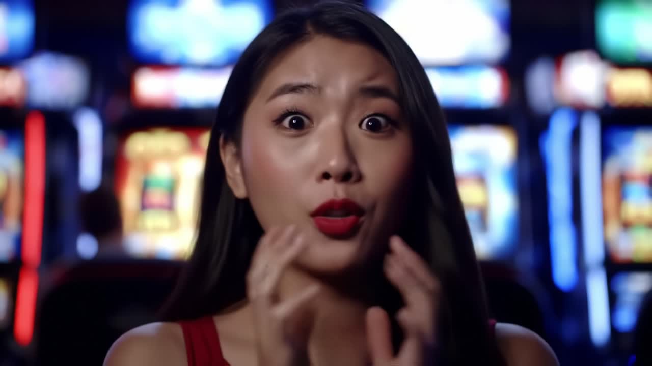 Surprised Expression of Joy and Anticipation Captured in a High-Stakes Gaming Environment with Colorful Slot Machines in the Background