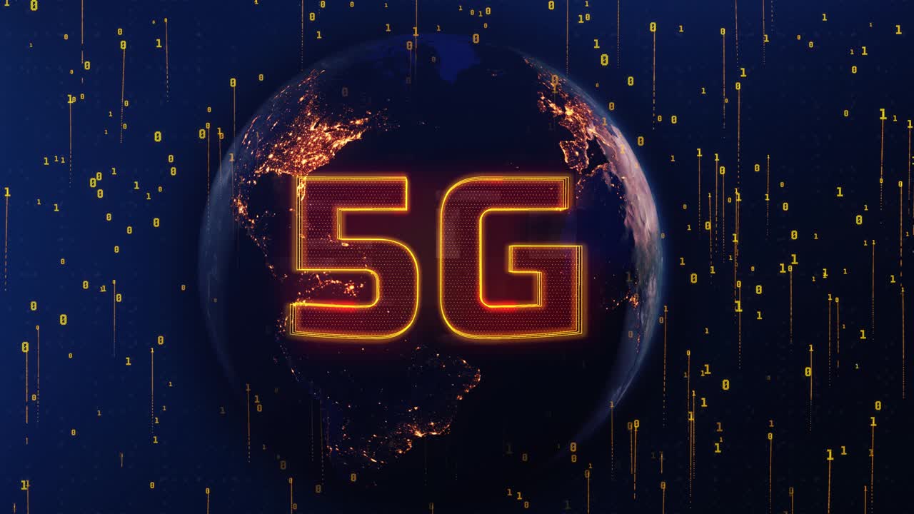 4K Night Earth Planet and 5G Network Cyberspace Loop 3d Animation Background.