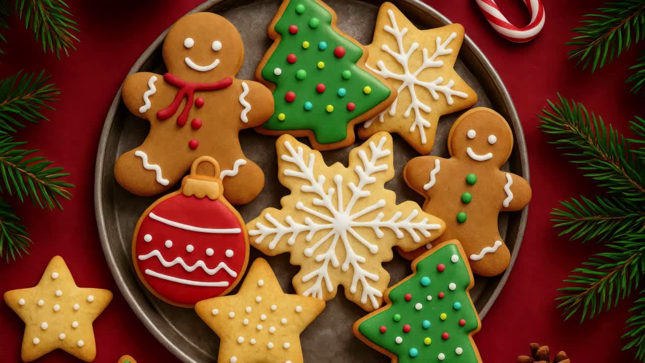 Top-down view of festive Christmas cookies on a plate, featuring gingerbread and snowflakes