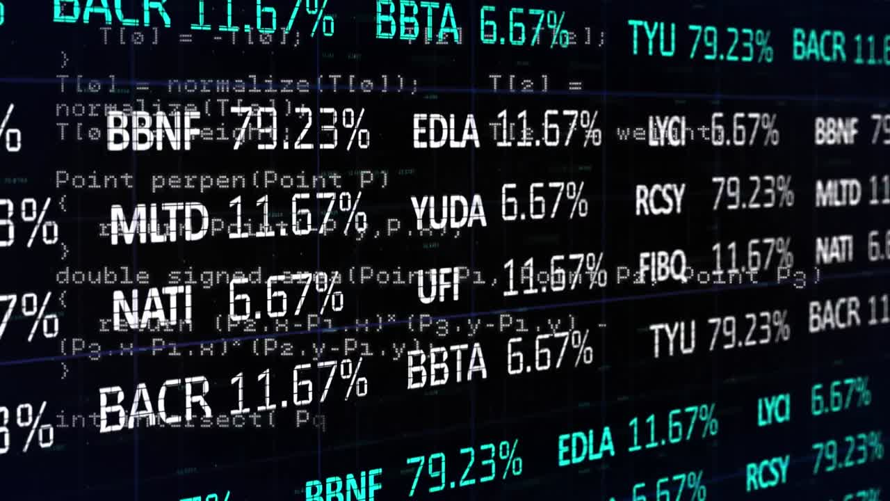 Animasjon av finansielt aksjegrensesnitt, som beveger seg over informasjon og databehandling.