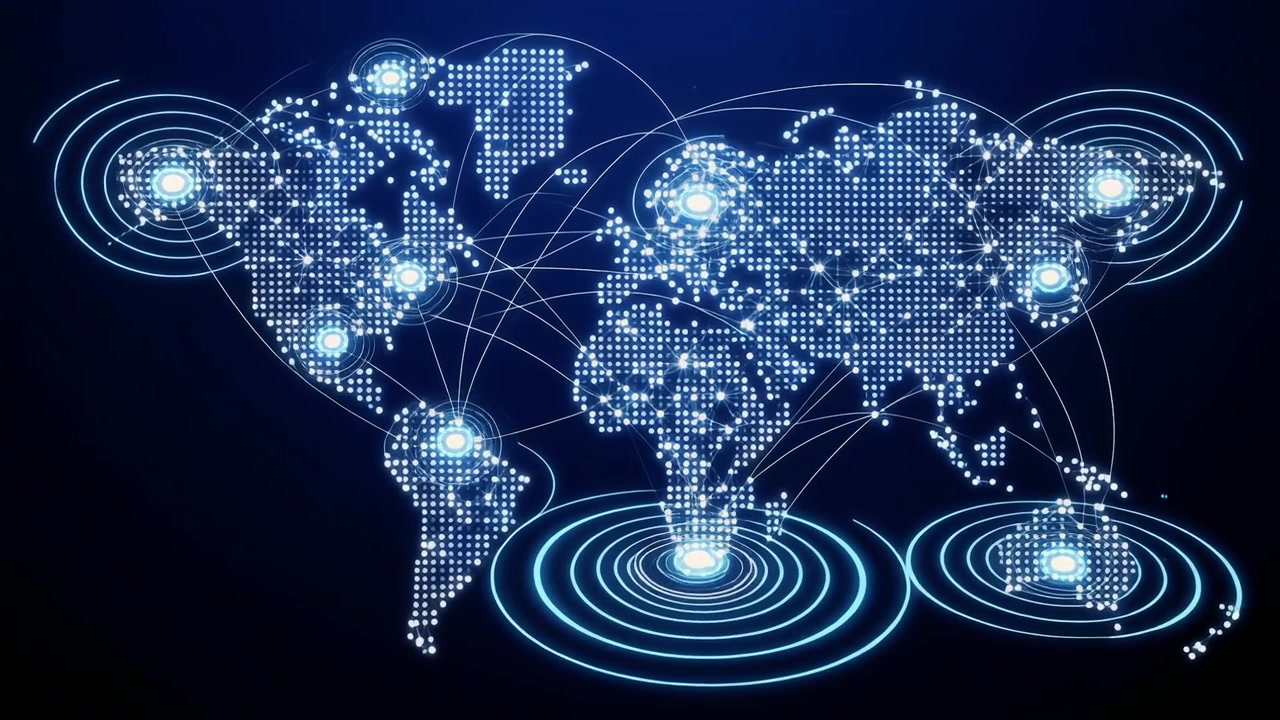 Digital World Map with Global Network Connections and Data Transfer