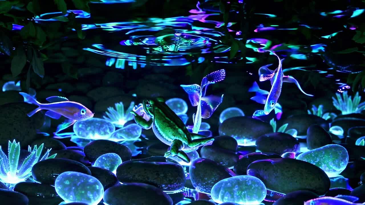 Glowing Underwater Pond Scene with Frogs and Fish