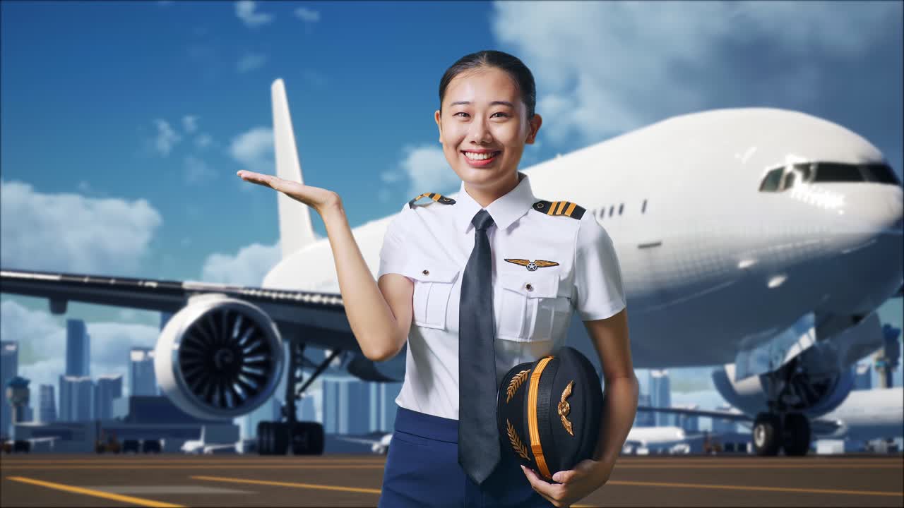 Asian Woman Pilot Smiling And Pointing To Side While Standing In Airfield With Airplane On Background