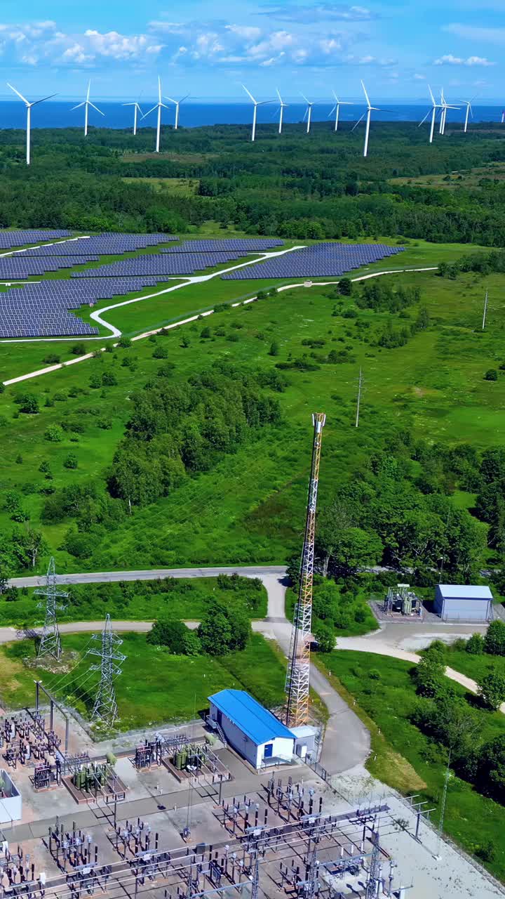 Aerial drone shot of a renewable energy site with solar panels, wind turbines, and power substation in a lush green landscape under a blue sky in Latvia