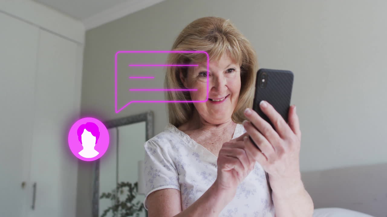 Using smartphone, woman texting with animated chat bubble overlay, smiling