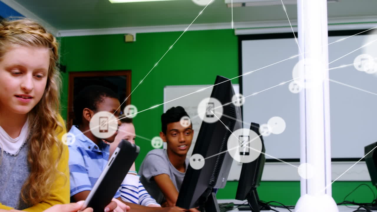 교실에서 컴퓨터를 사용하는 다양한 학생들에 대한 아이콘과 연결 네트워크의 애니메이션