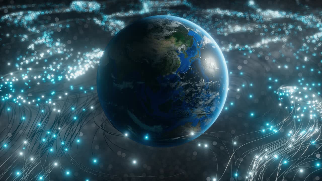 A rotating globe in optical fiber clouds transmitting signals throughout the universe in space. The concept of disseminating information in the world and space. Seamless loop 3d render