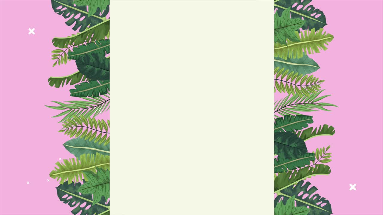 hojas exóticas tropicales marco de animación de ecología en fondo rosa y verde