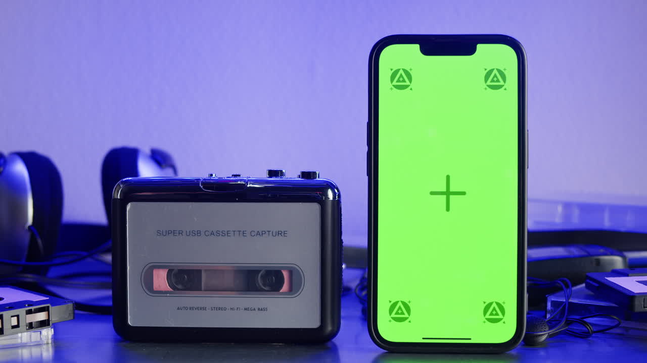 A vintage cassette player and a modern smartphone are placed next to each other against a green screen background