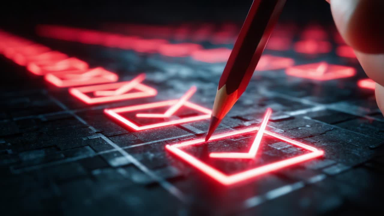 Illuminated Checkmarks: A Visual Journey Through Progress and Achievement with Striking Red Highlights Against a Dark Background
