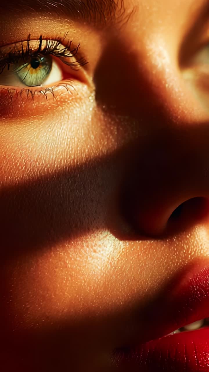 Accattivante primo piano di un volto femminile con intensi occhi verdi, valorizzato da un'illuminazione drammatica e da lineamenti con texture, perfetto come ispirazione per la ritrattistica