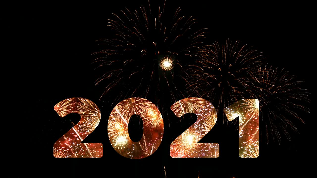 4K. loop seamless of firework of year 2021 greeting during new year eve countdown celebration, real golden fireworks festival in the sky display at night