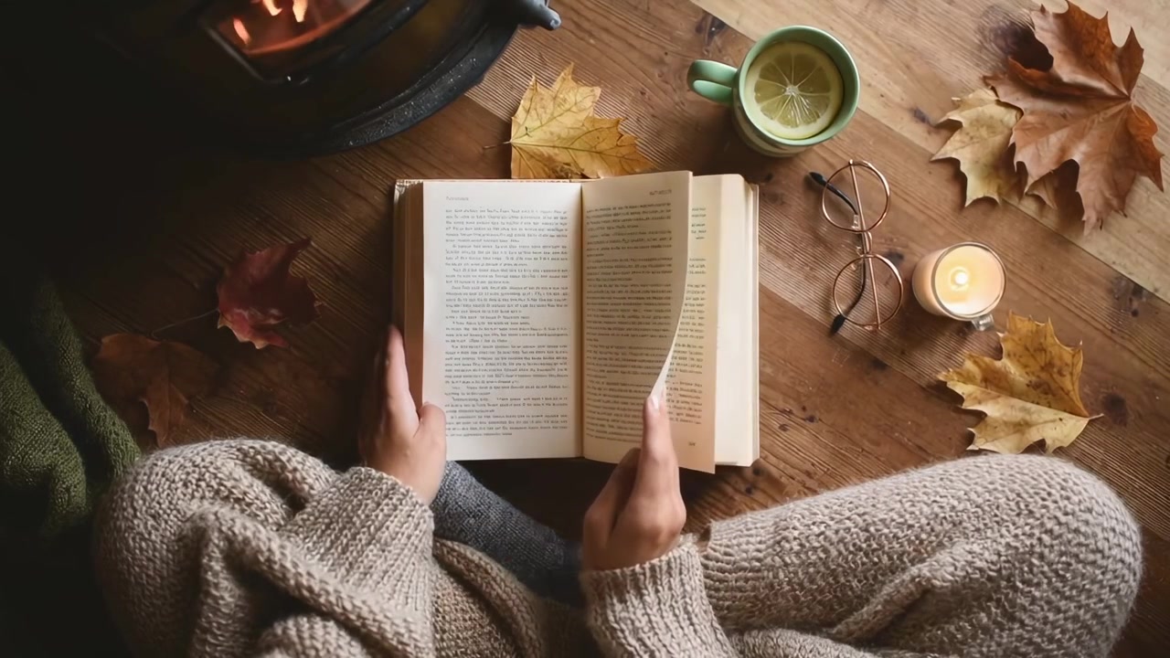 Persona che legge un libro accanto a un accogliente caminetto in autunno