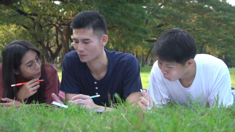 Grupo-De-Estudiantes-Trabajando-En-El-Parque-Universitario.