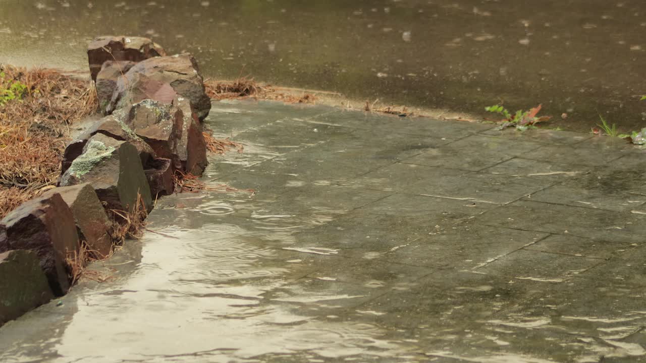 Rain Shower Creating Puddle On Brick Foot Path, Daytime Maffra, Gippsland, Victoria, Australia