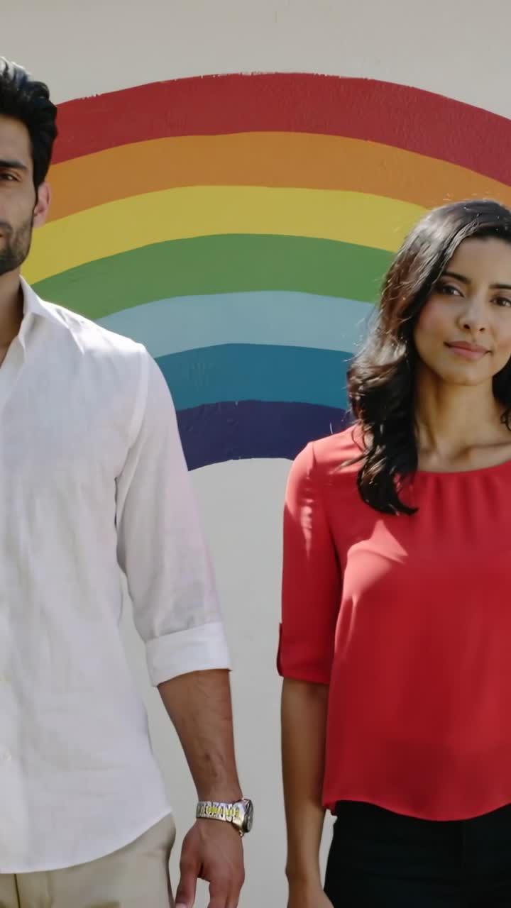 Vertical video: Posing, Indian duo red blouse as camera zooming in to rainbow mural, focusing faces