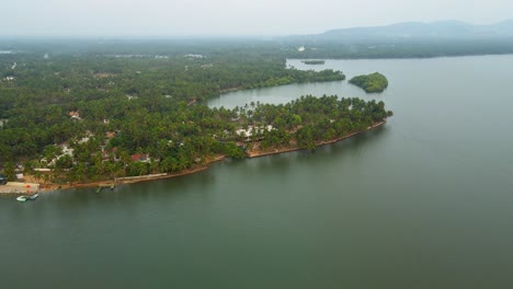 aerial drone shot of the tranquil backwaters in udupi with coconut trees lining the shores