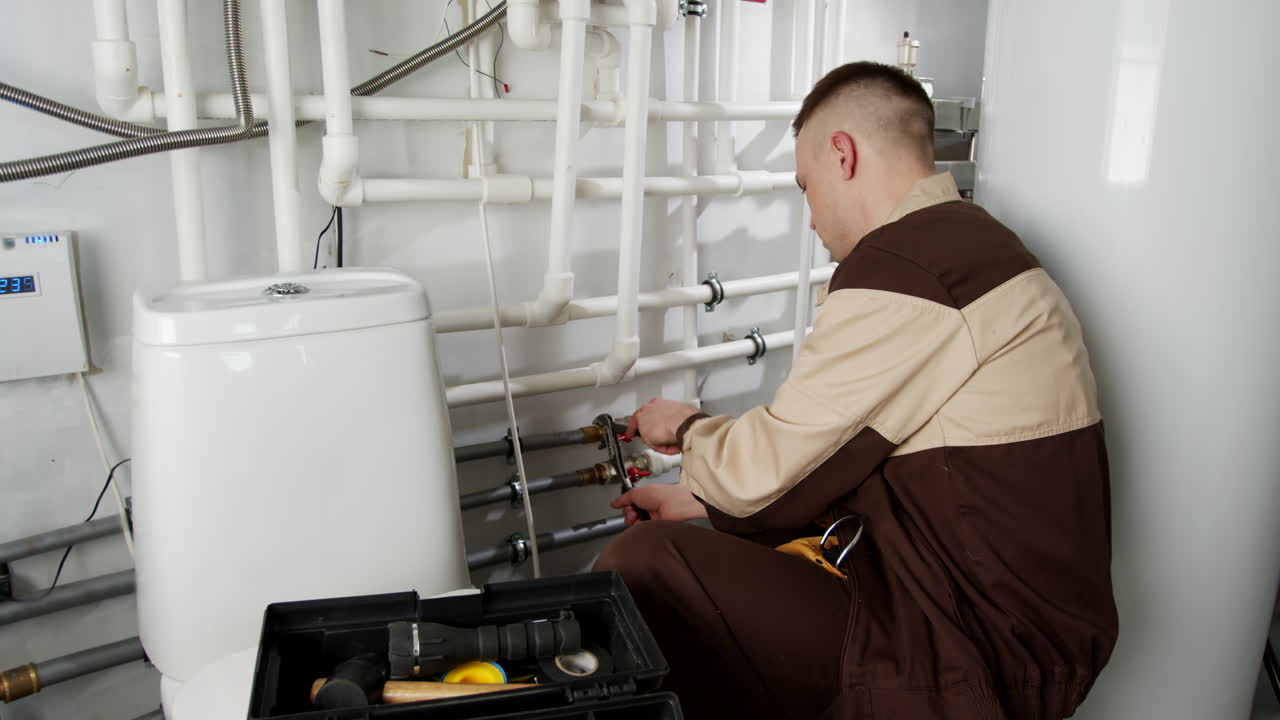 Plumber working on plumbing system in a bathroom