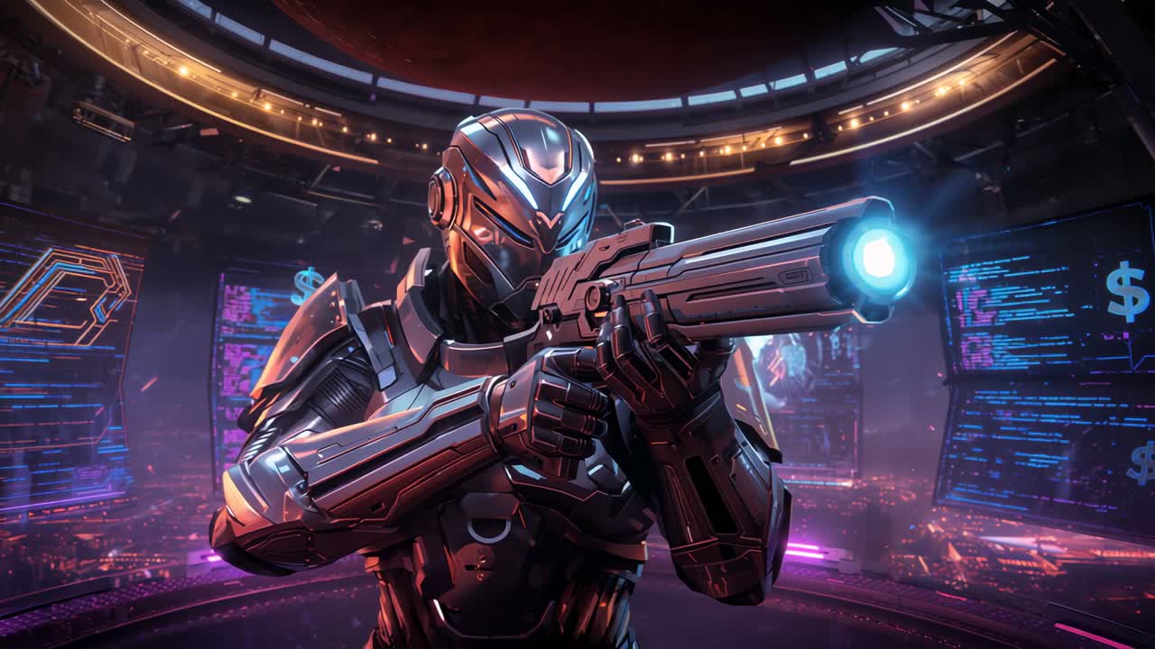 Showing armored soldier standing at command hub center, holding energy rifle amid holographic code