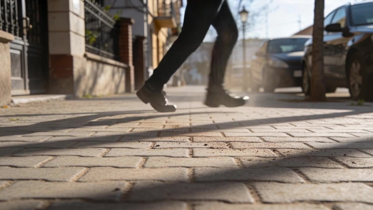 Passo che solleva polvere, adulto dalla vita in giù che si affretta su un marciapiede pavimentato oltre auto parcheggiate, jeans scuri
