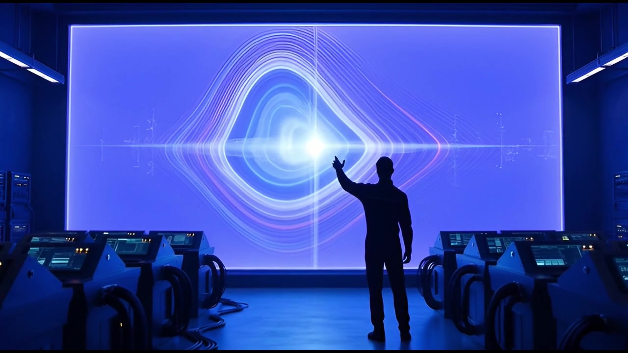 Man Interacting with Abstract Light Patterns on Futuristic Screen