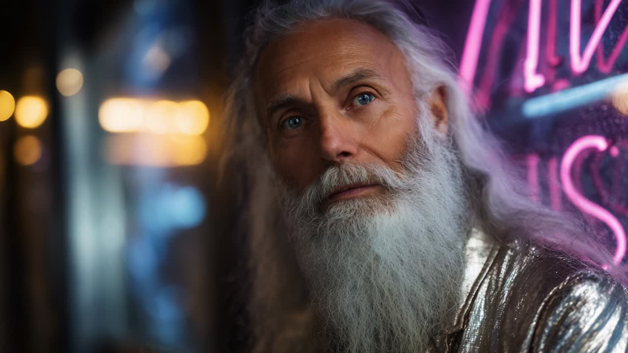 Captivating Portrait of a Distinguished Older Man with Long Silver Hair and a Full Beard Set Against Glowing Neon Lights, Evoking a Sense of Wisdom and Timelessness in a Vibrant Urban Environment