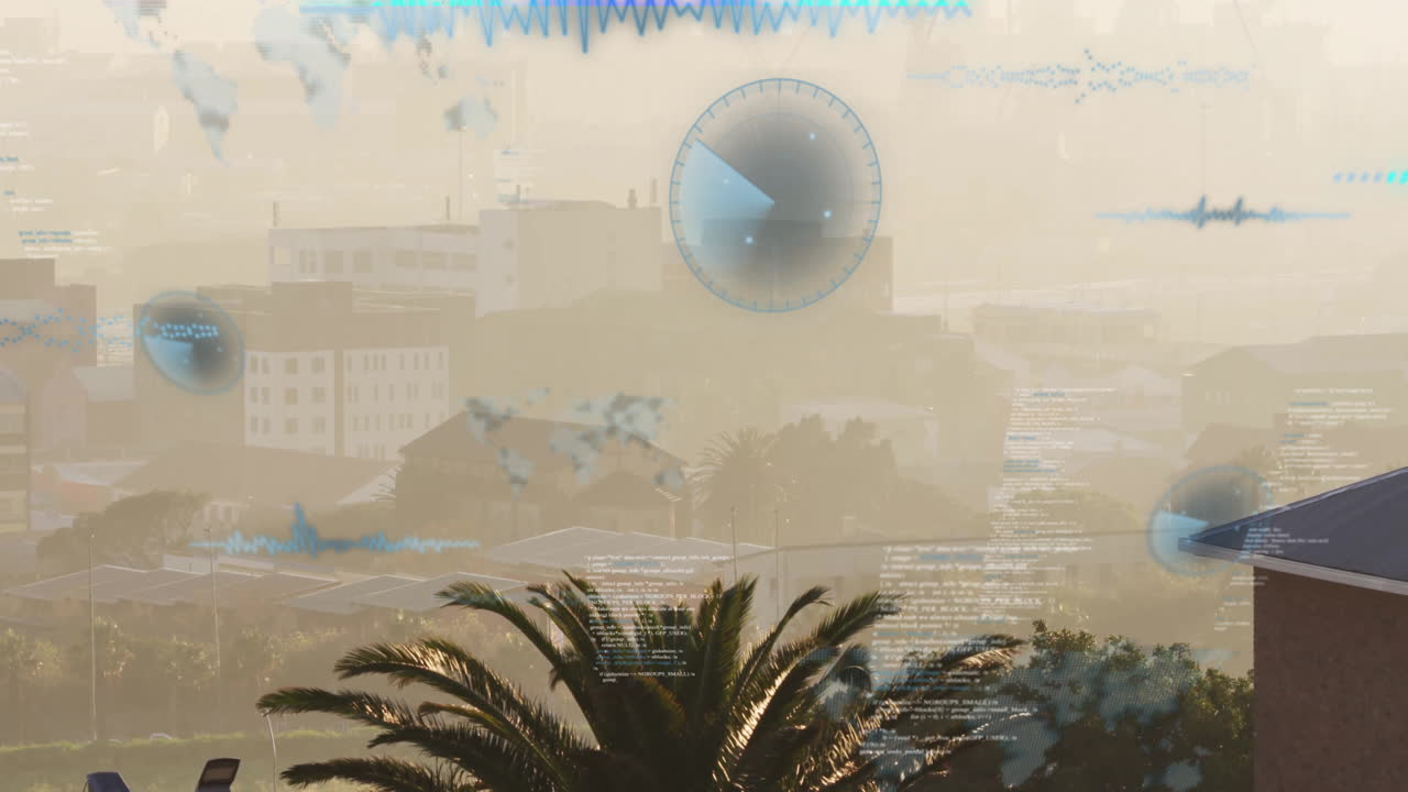 Animation of digital data and graphs overlaying urban landscape with palm trees