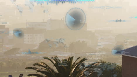 animation of digital data and graphs overlaying urban landscape with palm trees