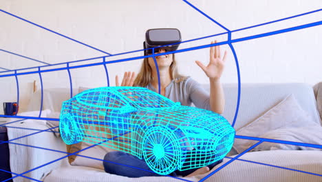 animation of 3d technical drawing of car, over woman at home wearing vr headset