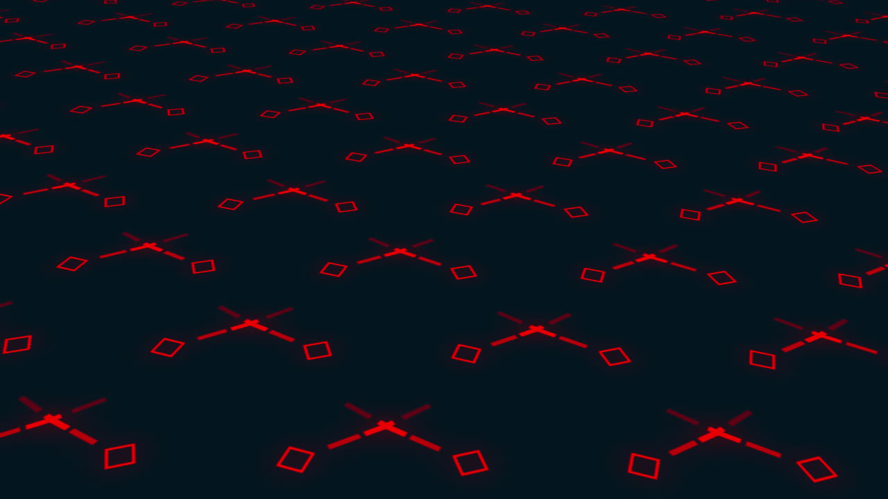 Animation of retro hypnotic motion of multiple rows of red squares moving and rotating in formation
