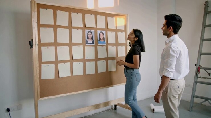 Lifting portrait, woman in black top, jeans aligning prints on board with man reviewing, copy space