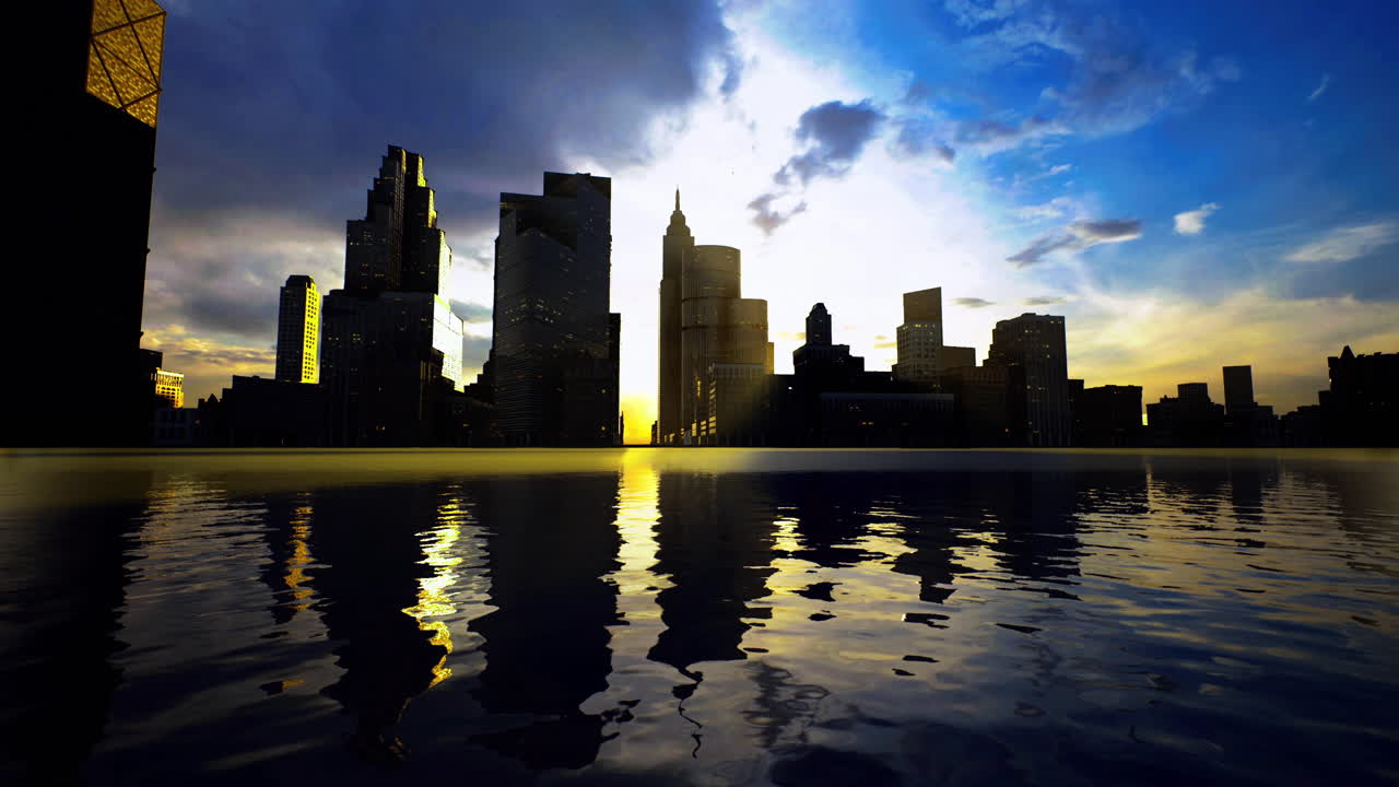 City skyline reflecting in water during a colorful sunset in an urban area