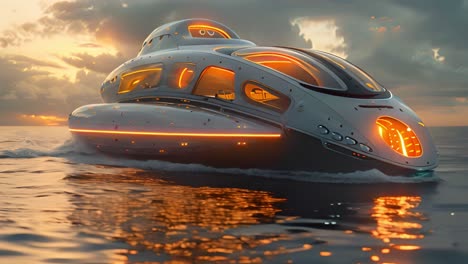 futuristic illuminated boat on water at sunset
