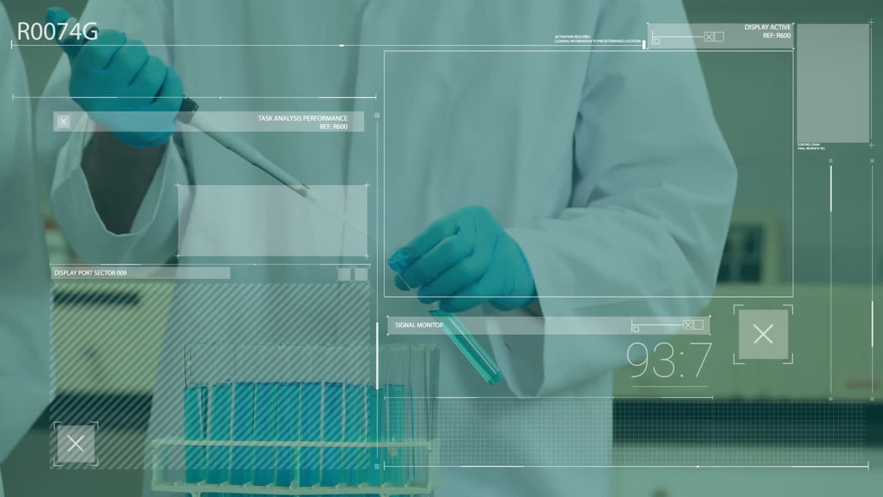 animación de procesamiento de datos sobre científico caucásico que trabaja en el laboratorio