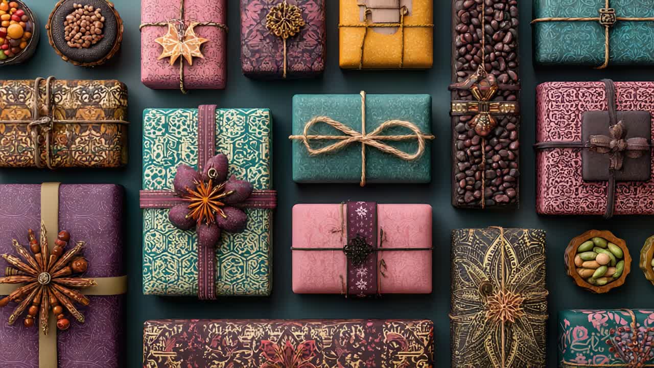 A Colorful Array of Artistic Gift Wraps Showcasing Intricately Designed Presents, Perfect for Celebrations and Special Occasions with Textured Elements and Natural Touches