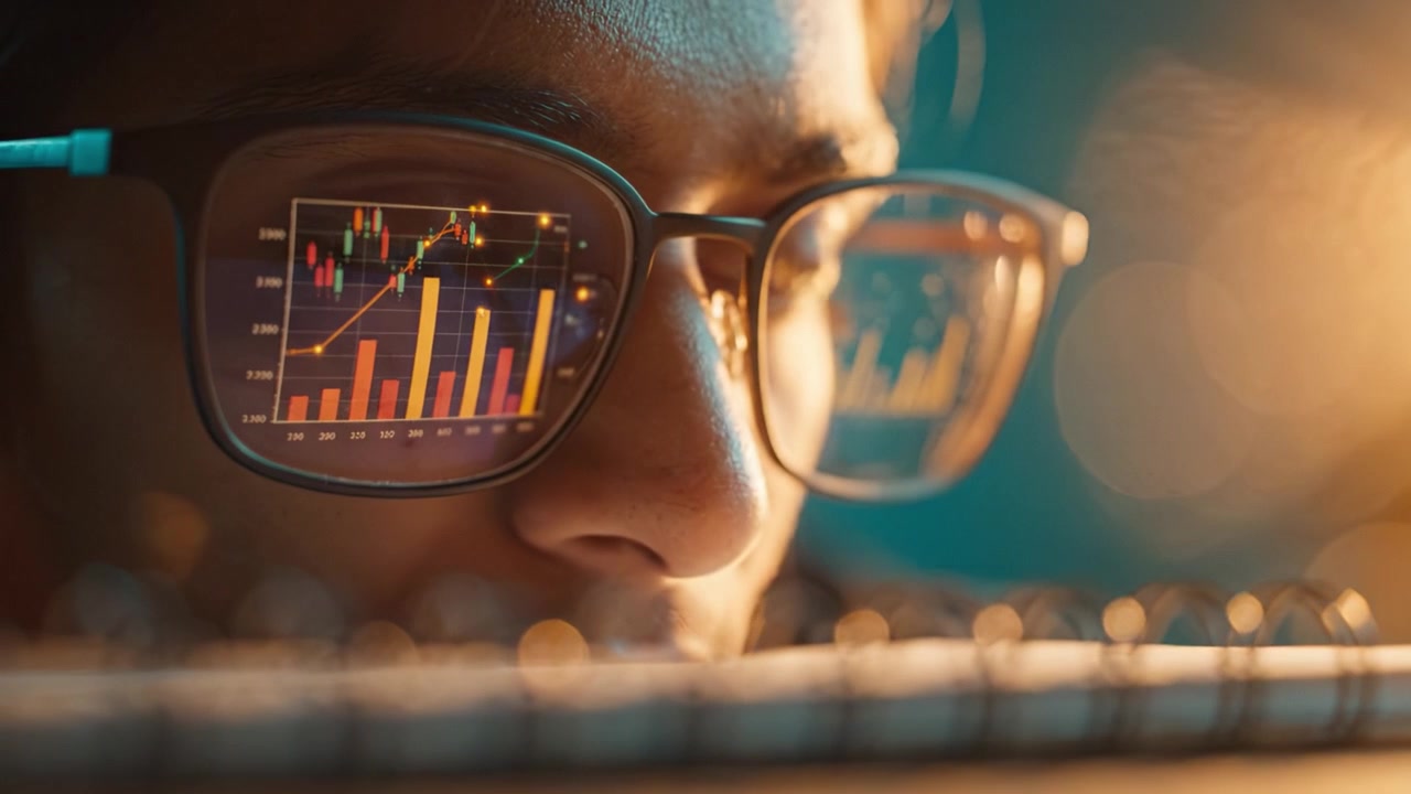 Focused Analysis: A Person Observing Financial Charts Through Glasses, Intently Engaging with Data on a Notebook in a Softly Lit Environment