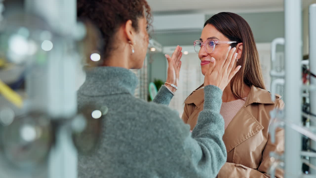 Women trying on eyeglasses in optical store