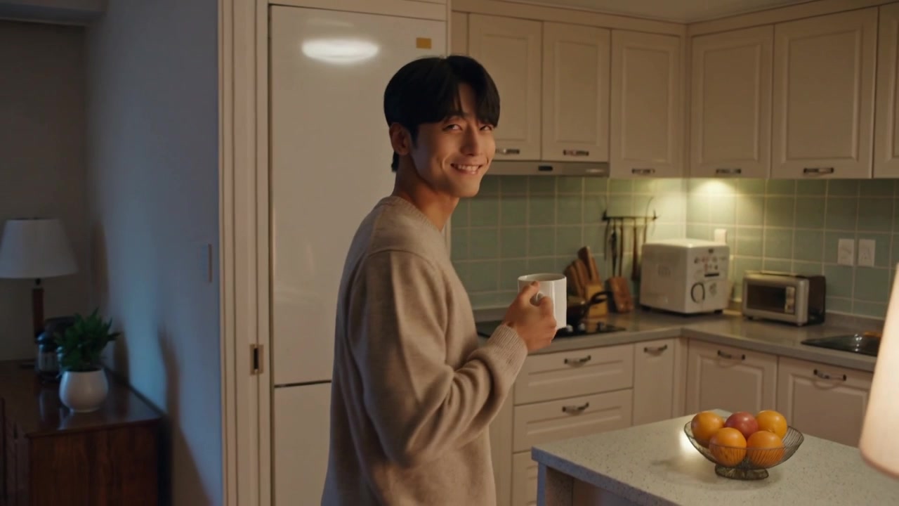Uomo adulto con un maglione leggero che cammina verso una cucina aperta per prendere da bere, tenendo una tazza bianca.