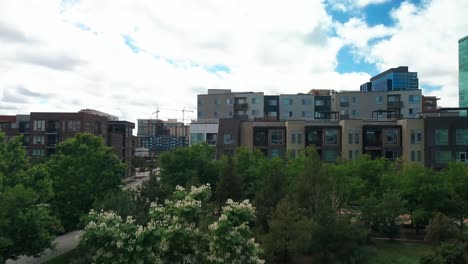 slow rise from green park and trees to reveal modern downtown denver