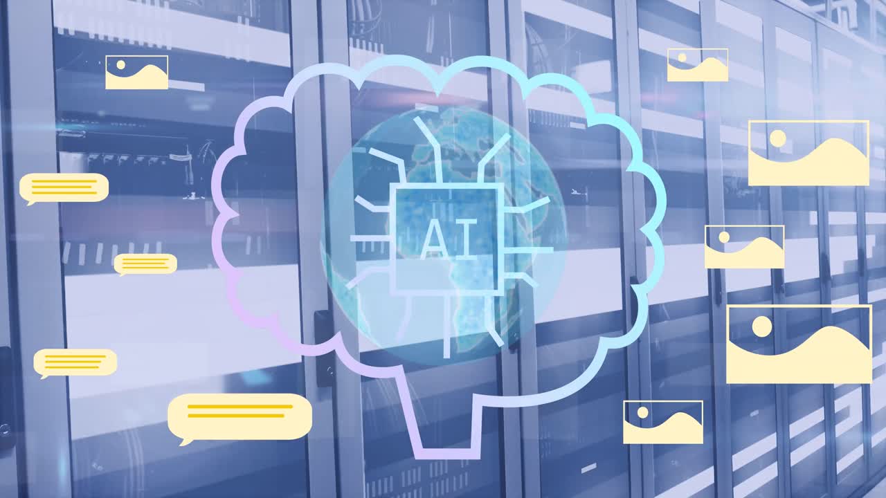 Animation of ai text and data processing over computer servers