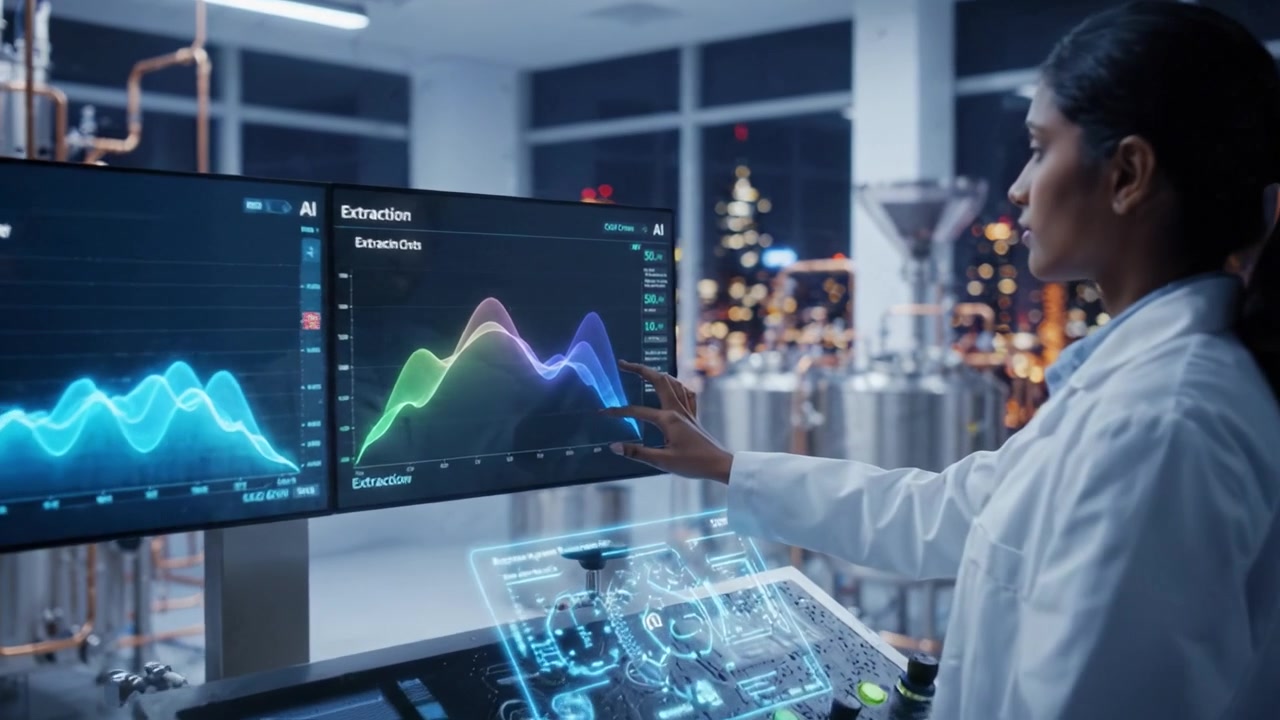 Scientist Analyzing Extraction Data in Modern Laboratory Featuring Advanced Technology and City Skyline View at Night