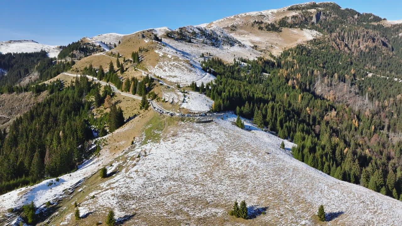 Aerial drone view of a little snow on the Bucegi Mountains, near Brasov, Romania