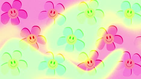 Animation-of-organically-moving-pastel-pink-and-green-shapes-with-rotating-smiley-face-flowers