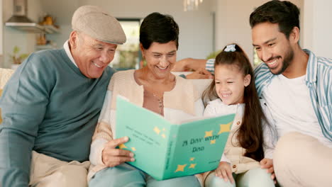 grandparents, girl kid and book on sofa