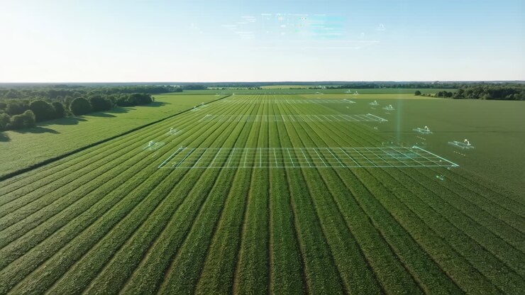 Aerial View of Smart Farming Field with Digital Overlays and Drones