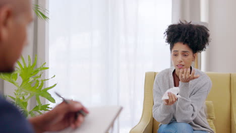 crying, woman and counseling of psychologist