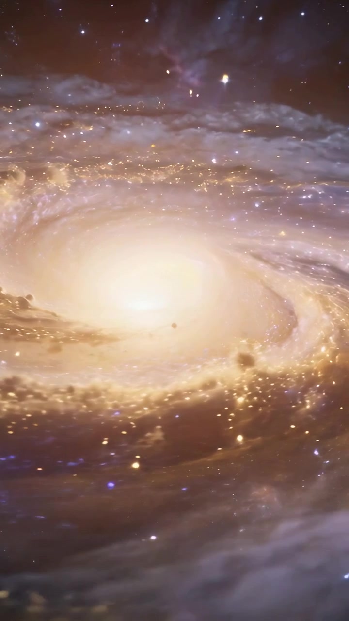 Vertical video: Camera pan starting, rotating spiral galaxy revealing bright bulge in deep space