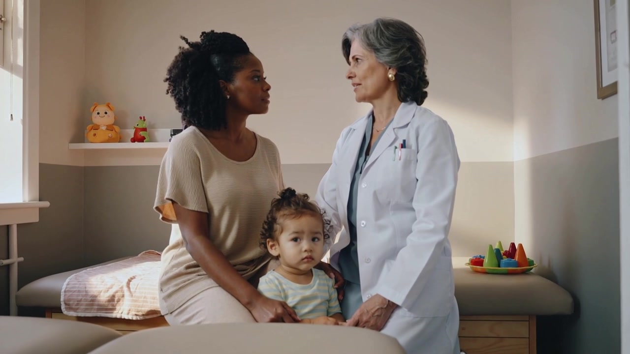 Mãe de vestido bege conversando e médico de jaleco tranquilizando criança pequena para consulta em mesa de exame.