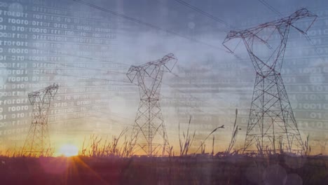 animación del procesamiento de datos y codificación binaria sobre el paisaje con torres eléctricas